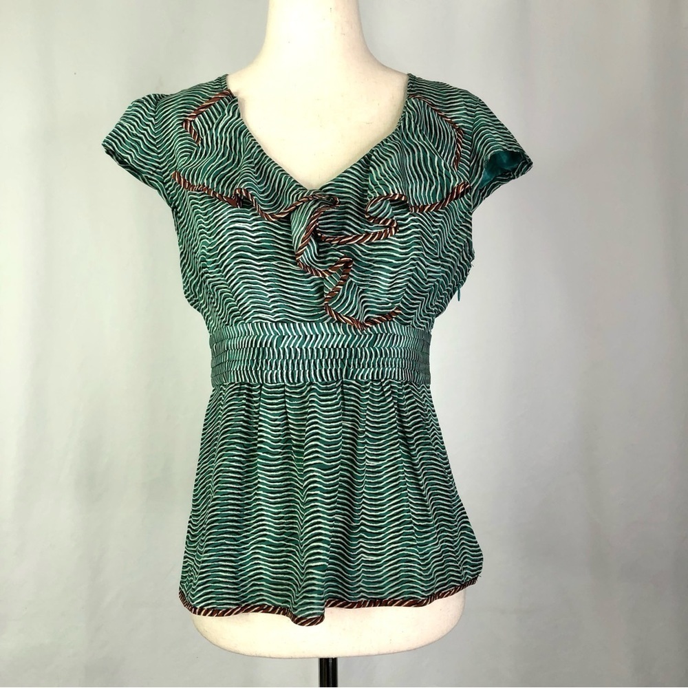 Odille 100% silk blouse top ruffle neck cap sleeves 2